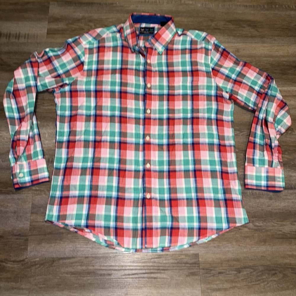 Charleston Threads Plaid Shirt Mens Large Button Up Pink/Blue/Green
